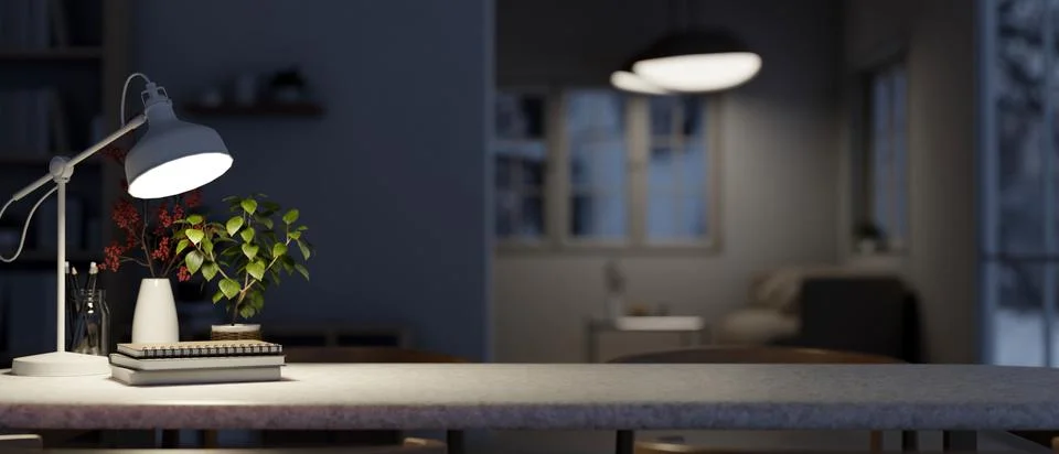 A table with empty space with a blurred modern dark living room at night in.. Stock Illustration