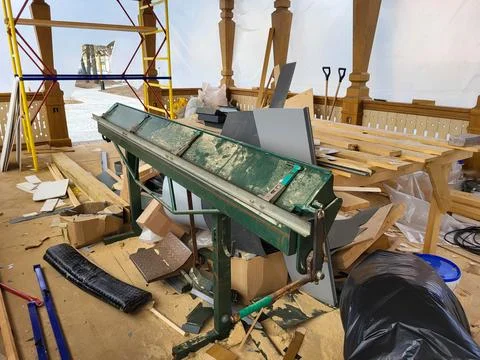 Table, equipment, boards in the carpentry workshop Stock Photos