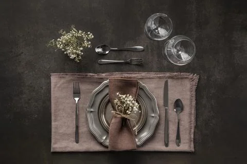 Table etiquette elements top view Stock Photos