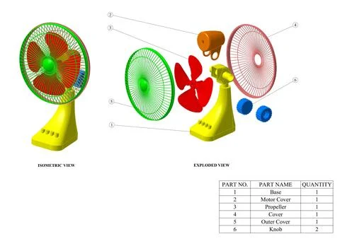 Table fan 3d design of each part and assembly details, rendering illustration. Stockillustratie