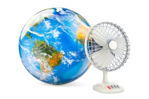 Table fan with Earth Globe. 3D rendering Illustrazione stock