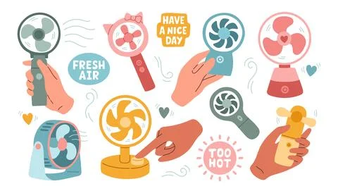 Table fan hand fan in flat style. Modern electric fan different types colors set Stock Illustration