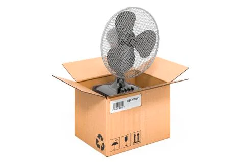 Table fan inside cardboard box, delivery concept. 3D rendering Stock Illustration