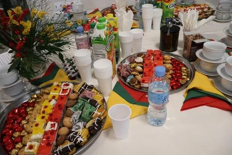 A table with a feast. Candy tray. Sweets, cookies and desserts. Coffee table. Stock Photos