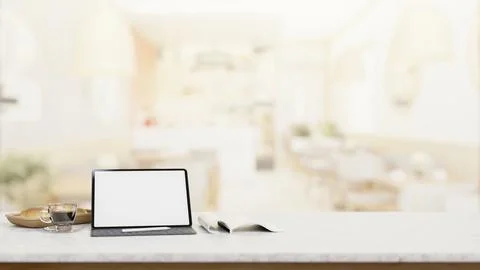 A table features a digital tablet mockup with a blurred background of a mod.. イラスト素材