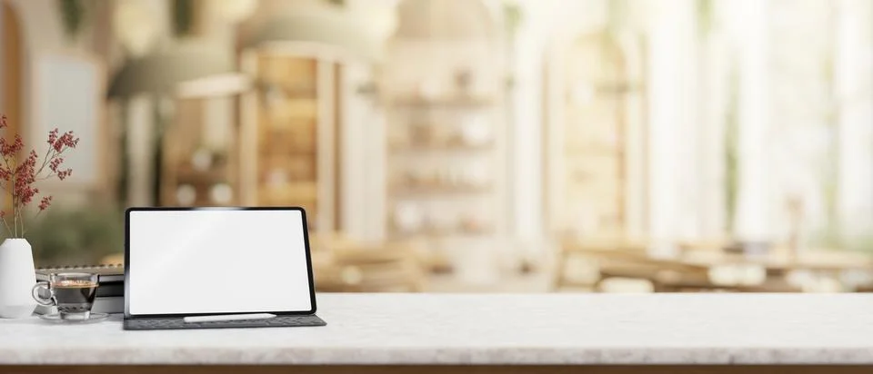 A table features a digital tablet mockup with a blurred background of a con.. イラスト素材