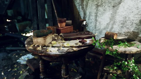 A table filled with various items in an abandoned and devastated room Stock Footage 269819533