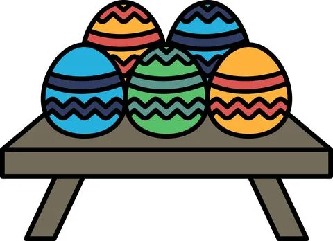 A table with five colorful eggs on it Stock Illustration