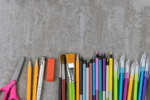 Table of flat lay on various school art supplies group student material Stock Photos