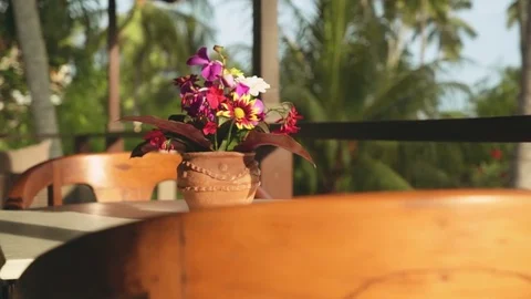 Table with flower pot on a balcony with blurred tropical trees background, Bali Stock Footage