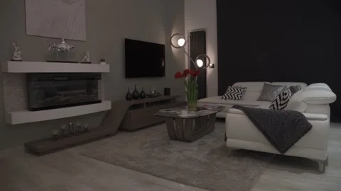 Table with flowers on carpet in apartment interior Stock Footage 171859454
