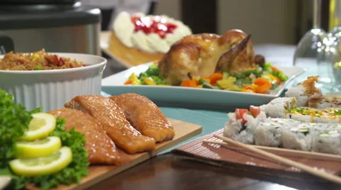Table with Food Move Toward Chicken Stock Footage 64974236