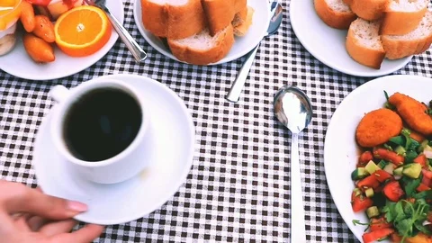 Table with food, top view. Group Of People Dining Concept Video stock 107656808