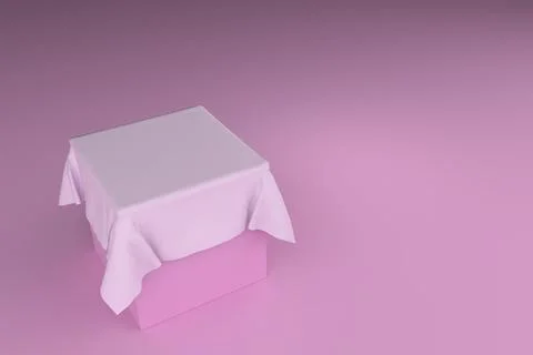 Table in the form of a gray cube covered with a white tablecloth. 3D renderin Stock-Illustration