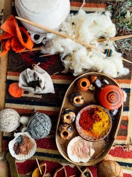 Table with fragrant spices of different colors for eating as a background Stock Photos