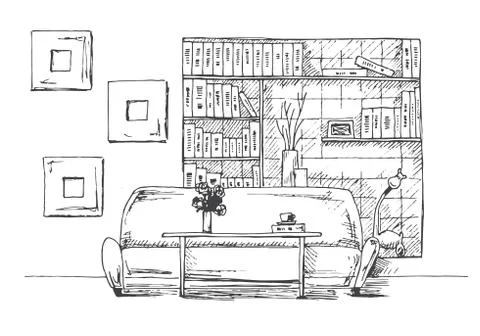 Table in front of the sofa. Brick wall with shelves. Vector illustration of a Stock Illustration