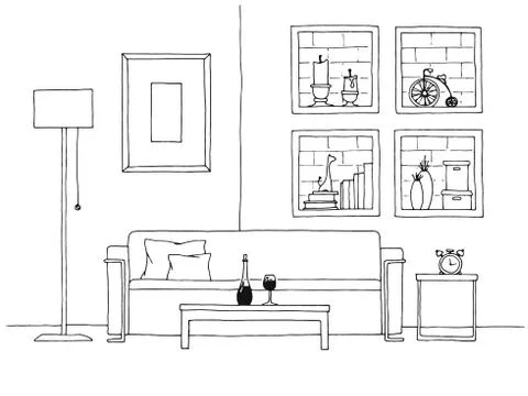 Table in front of the sofa. Brick wall with shelves. Vector illustration Stock Illustration