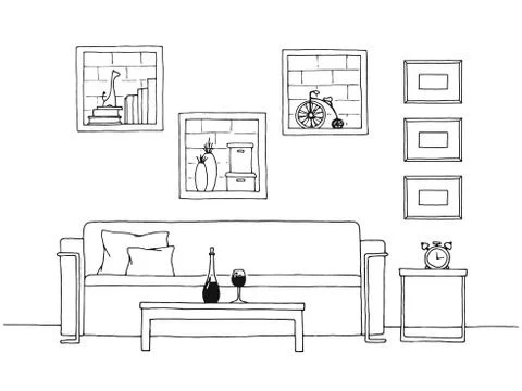 Table in front of the sofa. Brick wall with shelves. Vector illustration Stock Illustration