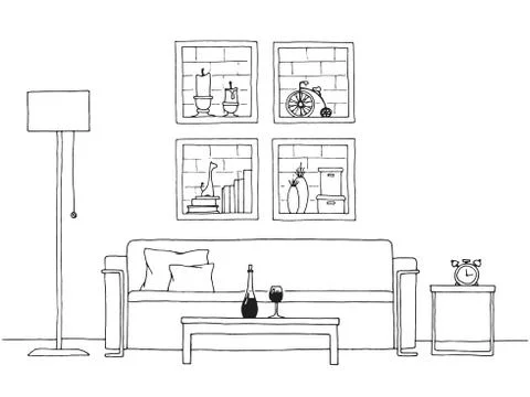 Table in front of the sofa. Brick wall with shelves. Vector illustration Stock Illustration