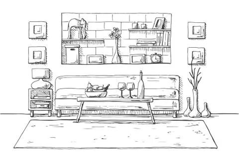 A table in front of the sofa. On the table, a bottle and glasses. Stock Illustration