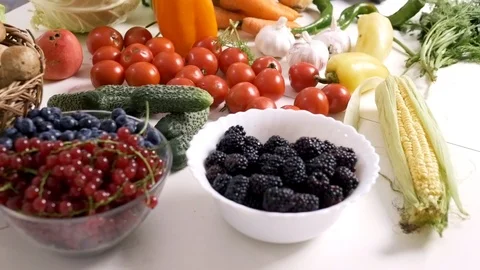 Table full of colourful ripe vegetables Stock Footage 124961393