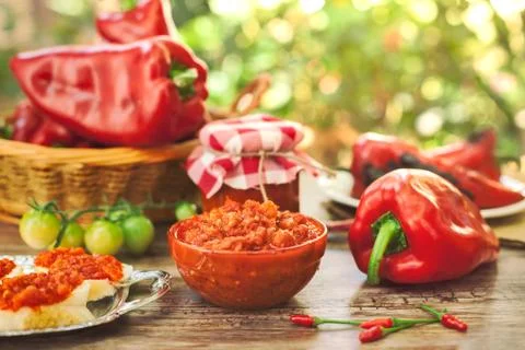 Table full of delicious Ajvar Stock Photos