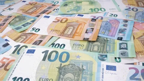A table full of euro cash with a sliding movement. Stock Footage 301402012
