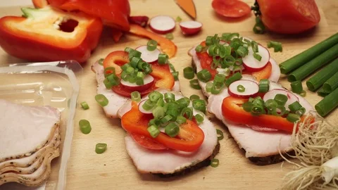 Table full of fresh food to make sandwich 4K Stock Footage