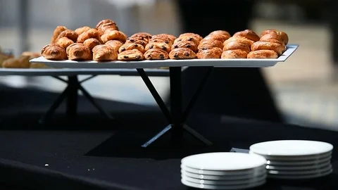 Table full with fresh pastry products during event Stock Footage 77827859