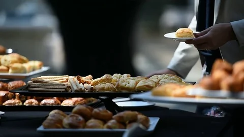 Table full with fresh pastry products during event Vídeo Stock 77827871