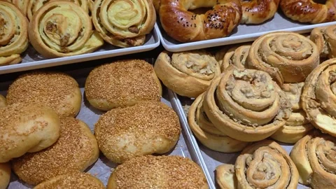 Table full with fresh pastry products. All inclusive breakfast buffet of hotel. Stock Footage 339404974