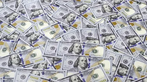 Table full of money in hundred dollar banknotes, camera tracking Video stock 70313138