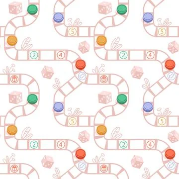 Table game piece pattern. Tabletop dice and chips. Gaming path. Fun graphic Stock Illustration