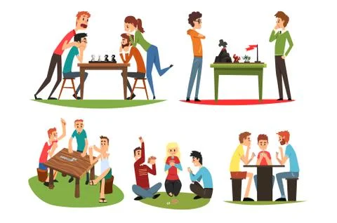 Table games set, friends playing domino and chess, a group of friends to spend Illustrazione stock