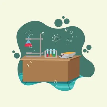 Table with glassware beakers, flasks and books. science chemistry class conce Stock Illustration
