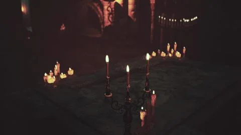 A table with a group of temple candles illuminated Stock Illustration
