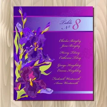 Table guest list. Background with purple iris flowers. Wedding template. Stock Illustration