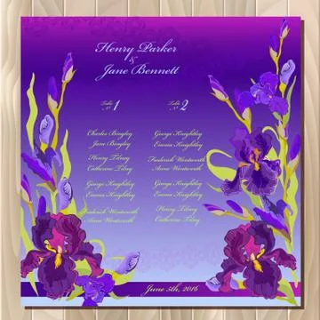 Table guest list. Background with purple iris flowers. Wedding template. Stock Illustration