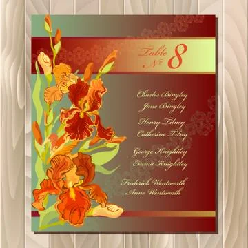 Table guest list. Background with red iris flowers. Wedding template. Stock Illustration