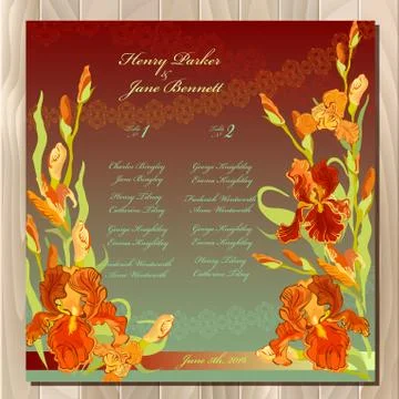 Table guest list. Background with red iris flowers. Wedding template. Stock Illustration