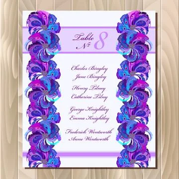 Table guest list. Vector background peacock feathers. Wedding design template. Stock Illustration
