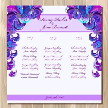 Table guest list. Vector background peacock feathers. Wedding design template. Stock Illustration