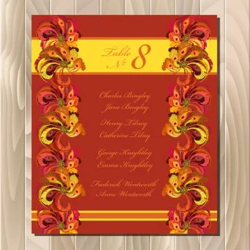Table guest list. Vector background peacock feathers. Wedding design template. Illustrazione stock