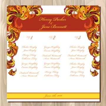 Table guest list. Vector background peacock feathers. Wedding design template. Stock Illustration
