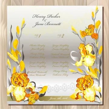 Table guest list. Yellow iris flowers design. Stock Illustration