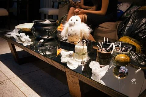 A table with Halloween decorations on it Stock Photos
