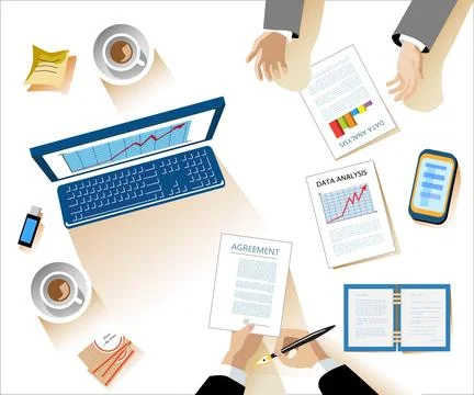 Table with hands of businessmen signing documents. Business concept. Stock Illustration