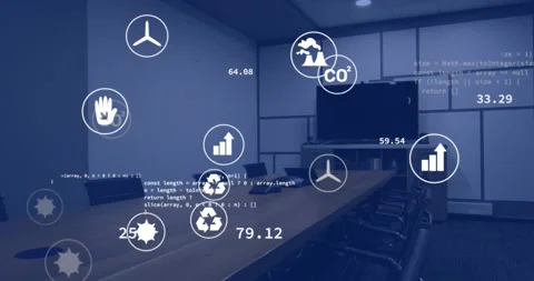 Table hosting floating CO2 and recycle icons on startup, shifting and updating Vídeos de archivo 331085114
