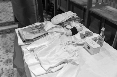 A table with items for an Orthodox baptism Stock Photos