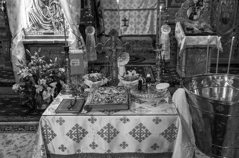 A table with items for an Orthodox baptism Stock Photos